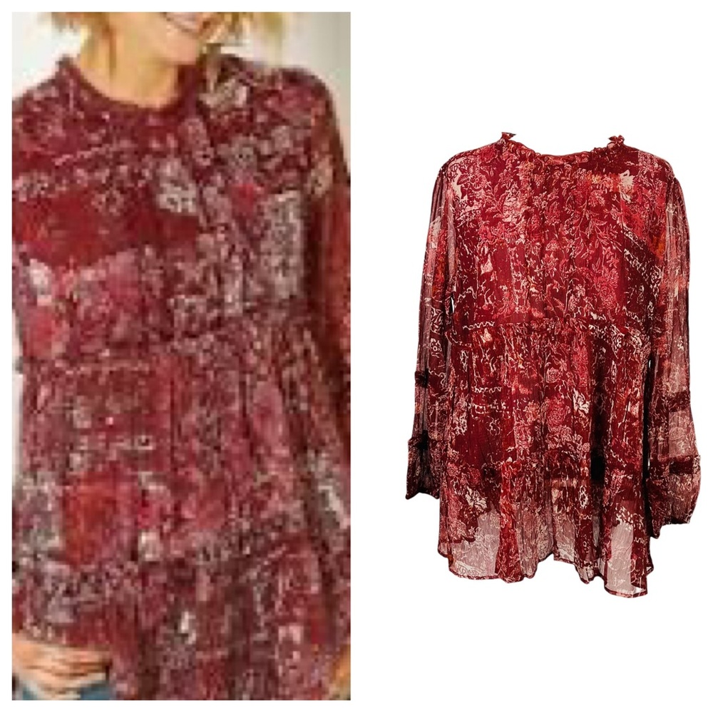 Soft Surroundings Cabernet Bailletta Blouse Tiered Ruffled Floral Tunic Top-NWOT